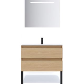Meuble De Salle De Bain Vasque Intégrée 90cm 2 Tiroirs Chêne + Miroir - Hudson