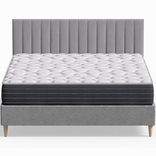 Ensemble Lit Adulte 140x190 En Velours Gris Clair Eliot + Matelas Mousse Accueil Mémoire De Forme