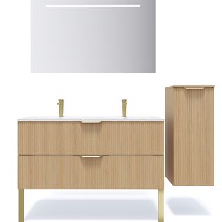 Ensemble Salle De Bain Double Vasque 120cm 2 Tiroirs Cannelé + Miroir + Colonne Droite - Venice