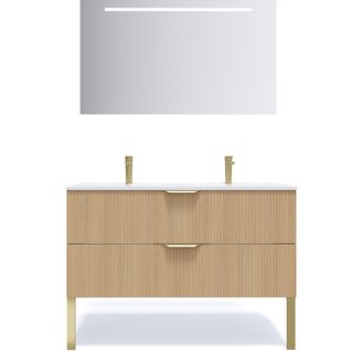Meuble De Salle De Bain Double Vasque 120cm 2 Tiroirs Cannelé + Miroir - Venice