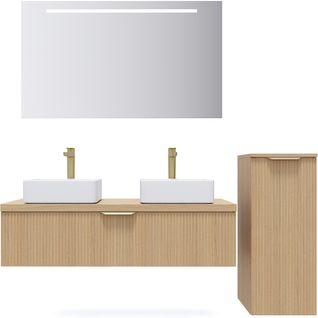Ensemble Salle De Bain 2 Vasques Posées 120cm 1 Tiroir Cannelé + Miroir + Colonne Droite - Venice