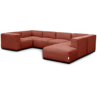 Canapé Modulable Panoramique 9 Places Ouvert à Droite + Pouf En Velours Côtelé Rouille - Modulo