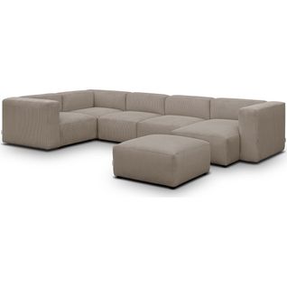 Canapé Modulable Panoramique 6 Places, Méridienne à Droite + Pouf En Velours Côtelé Taupe - Modulo