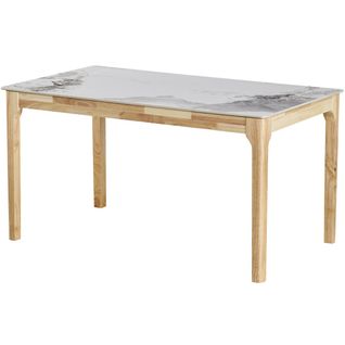 Table à Manger En Céramique Effet Pierre Blanche 6 Personnes, Piètement Bois 140 Cm - Sally
