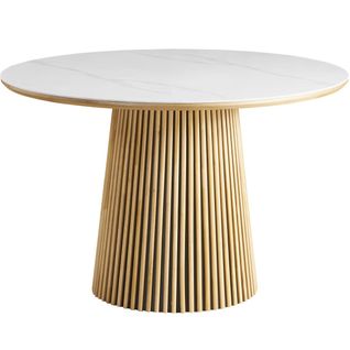 Table à Manger Ronde En Céramique Effet Marbre Et Bois Clair 6 Places Ø120 Cm - Ada