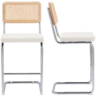 Lot De 2 Tabourets De Bar En Cannage Et Tissu Bouclé Beige - Muse