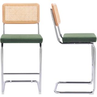 Lot De 2 Tabourets De Bar En Cannage Et Velours Côtelé Vert Kaki - Muse
