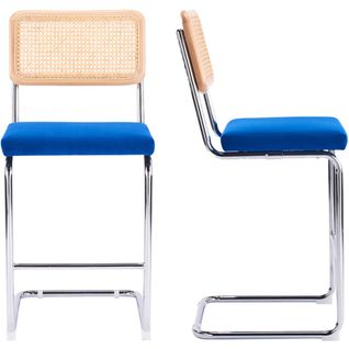 Lot De 2 Tabourets De Bar En Cannage Et Velours Côtelé Bleu Électrique - Muse