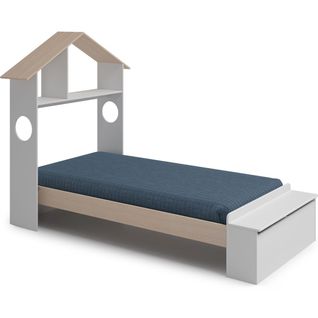 Lit Enfant 90x190 Cm En Bois Blanc Avec Tête De Lit Cabane Et Coffre De Rangement - Anatole