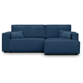 Canapé D'angle à Droite Convertible 3 Places En Velours Côtelé Bleu - Asti