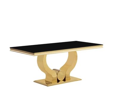 Table à Manger Verre Noir Pied Métal Doré 180x90 Cm Trofy