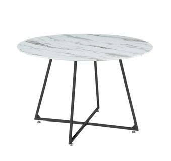 Table à Manger Ronde Verre Marbré Blanc Pied Métal Noir – D120×75 Cm  – Heloise