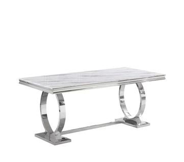 Table à Manger Rectangulaire Verre Marbré Blanc et Chrome – 180×90×75 Cm – Omega