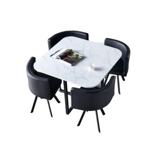 Ensemble Table Et 4 Chaises Simili Cuir Noir Vendome Bois Marbré Blanc Pieds Métal
