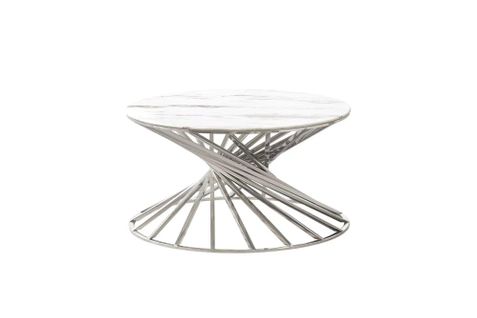 Table Basse Ronde Nautilus Chromé Plateau Verre  D80 Cm - Marbré Blanc