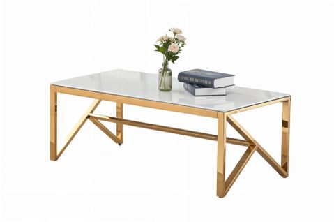 Table Basse Majestique Gold Et Plateau En Verre 120x60x45cm - Marbré Blanc