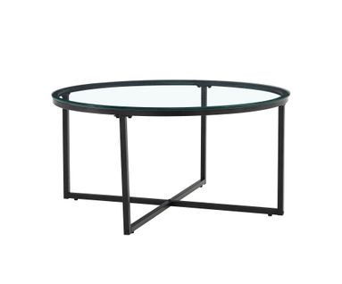 Table Basse Lorie Ronde Plateau Verre Trempé Transparent Structure Métal Noir D90x45cm