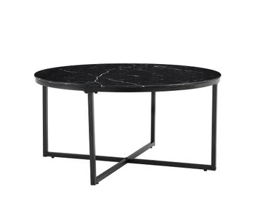Table Basse Lorie Ronde Plateau Verre Trempé Marbré Noir Structure Métal Noir D90x45cm