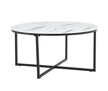 Table Basse Ronde Lorie Métal Noir Plateau En Verre D90 Cm - Marbré Blanc