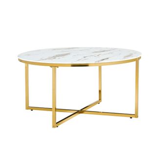 Table Basse Ronde Lorie Gold Plateau En Verre D90 Cm - Marbré Blanc