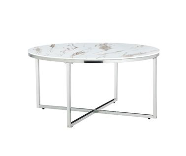 Table Basse Ronde Lorie Chrome Plateau En Verre D90 Cm - Marbré Blanc