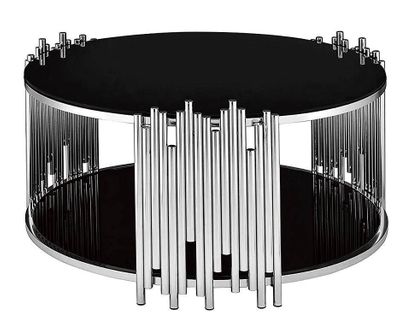 Table Basse Ronde Stick Chrome Et Plateau En Verre Noir D90 H45 Cm