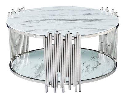 Table Basse Ronde Stick Chrome Et Plateau En Verre Marbre Blanc D90 H45 Cm