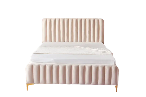 Lit 2 Places Faye Design Velours Beige Sommier Inclus 140x190 Cm