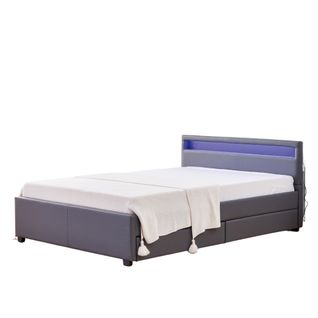 Lit Adulte 160x200 Cm Tiroirs Et LED Gris Sommier Inclus