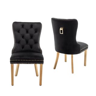 Lot De 2 Chaises Poignee Clouté En Velours Pied Gold