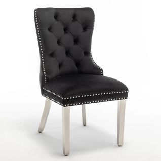 Lot De 2 Chaises Poignee Clouté En Velours Pied Chromé - Noir