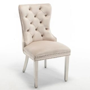 Lot De 2 Chaises Poignee Clouté En Velours Pied Chromé - Beige