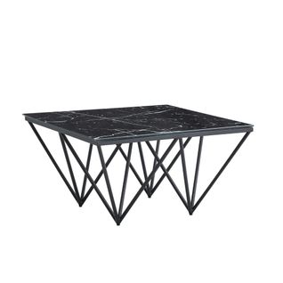 Table Basse Carré Gize Pied Métal Noir Et Plateau En Verre 80x80 Cm - Marbré Noir
