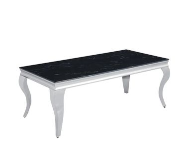 Table Basse Baroque Rectangle Plateau Verre Trempé Marbré Noir Pieds Chrome 120x60x45cm