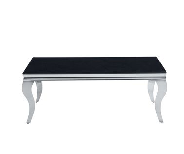 Table Basse Baroque Rectangle Plateau Verre Trempé Noir Pieds Chrome 120x60x45cm