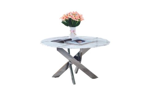 Table Basse Ronde Jessy Pieds Chrome Et Plateau En Verre Marbre Blanc 80 Cm