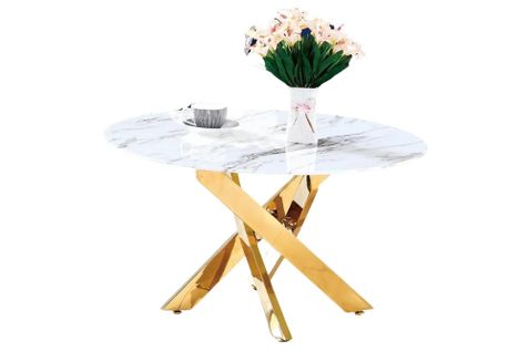 Table Basse Ronde Jessy Pieds Gold Et Plateau En Verre Marbre Blanc 80 Cm