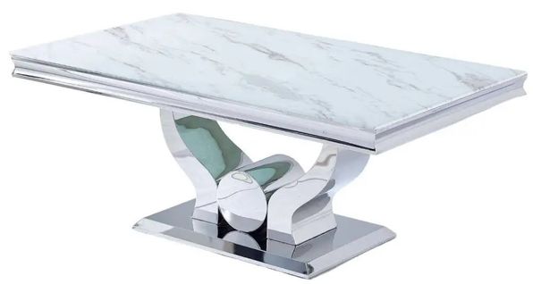 Table Basse Trofy Chrome Et Plateau En Verre 120x70 Cm Effet Marbré Blanc