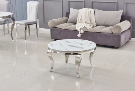 Table Basse Ronde Baroque Chrome Et Plateau En Verre De 80 Cm - Marbré Blanc