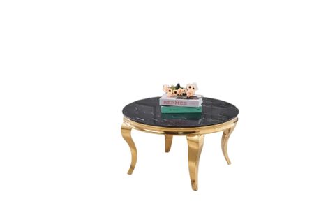 Table Basse Ronde Baroque Gold Et Plateau En Verre Marbre Noir De 80 Cm