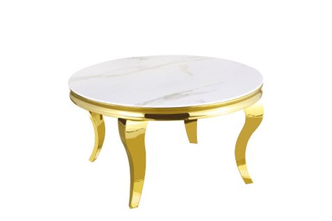 Table Basse Ronde Baroque Gold Et Plateau En Verre Marbre Blanc De 80 Cm