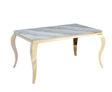Table à Manger Baroque 6 à 8 Couverts 180x90 Cm Pieds Gold Plateau En Verre Effet Marbré Greige