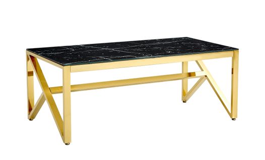 Table Basse Majestique Rectangle Plateau Verre Trempé Marbré Noir Pieds Gold 120x60x45cm