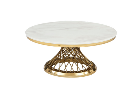 Table Basse Deluxe Ronde Plateau Verre Trempé Marbré Blanc Structure Gold D100x45cm