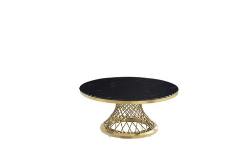 Table Basse Deluxe Ronde Plateau Verre Trempé Marbré Noir Structure Gold D100x45cm