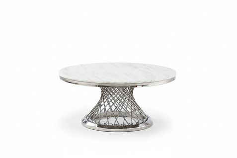 Table Basse Deluxe Ronde Plateau Verre Trempé Marbré Blanc Structure Chrome D100x45cm