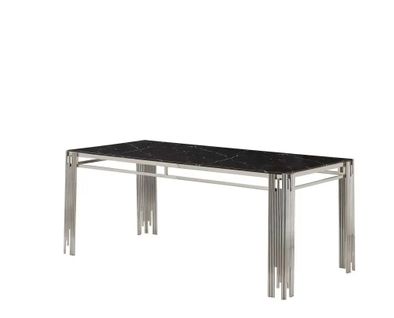Table à Manger Verre Marbré Noir Pied Métal Chrome 180x90 Cm Flute