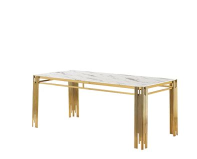 Table à Manger Rectangulaire Gold Plateau Effet Marbré Blanc – 150x90x75 Cm – Flute