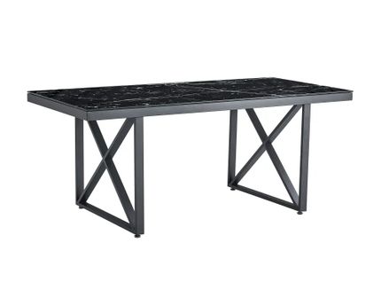 Table à Manger Verre Trempé Marbré Noir et Métal Noir – 180×90 Cm