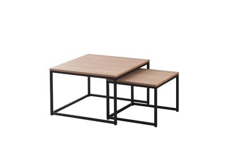 Table Basse Gigogne Belgrade Métal Noir Plateau En Bois - Chêne Griffé